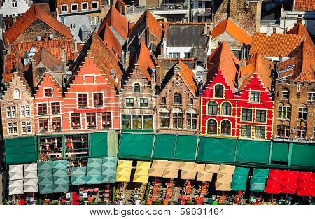 Aerial View Of Colorful Square And Houses In Bruges