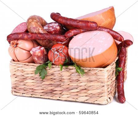 Lot of different sausages in basket isolated on white