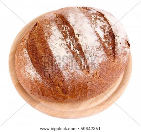 Rye bread on wooden stand isolated on white