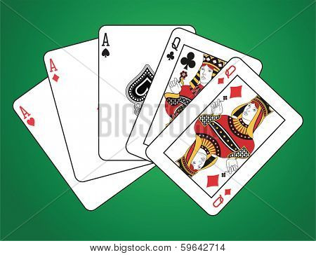 Full house of two queens and three aces on green background.  The figures are original design. 