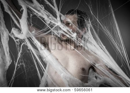 Scary network.man tangled in huge white spider web