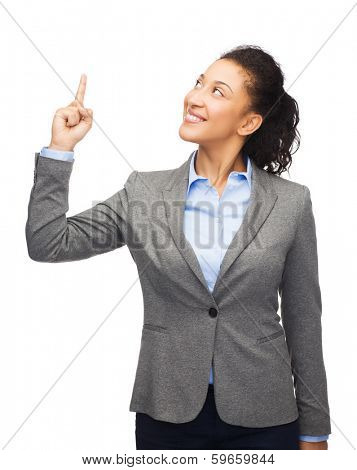 business and advertisement concept - attractive young woman with her finger up