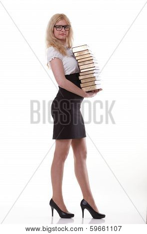 Beautiful Young Woman With Books White Background