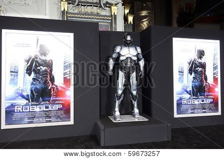 LOS ANGELES - FEB 10: Atmosphere, Poster, Statue at the premiere of Columbia Pictures' 'Robocop' at TCL Chinese Theatre on February 10, 2014 in Los Angeles, California