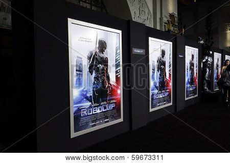 LOS ANGELES - FEB 10: Atmosphere, Poster, Statue at the premiere of Columbia Pictures' 'Robocop' at TCL Chinese Theatre on February 10, 2014 in Los Angeles, California