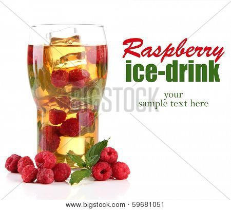 Iced tea with raspberries and mint isolated on white