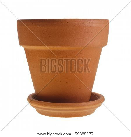 Clay Orange Terracotta flower pot with saucer isolated on white background