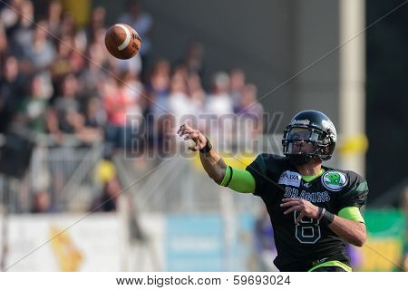 VIENNA,  AUSTRIA - APRIL 21 QB Jonathan Dally (#8 Dragons) throws the ball during the AFL football game on April 21, 2013 in Vienna, Austria.