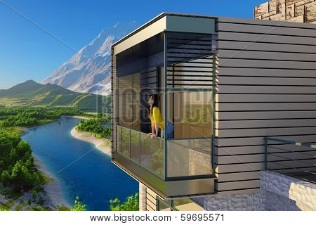 Girl on the balcony in the landscape.