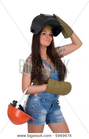 Woman in black welder mask