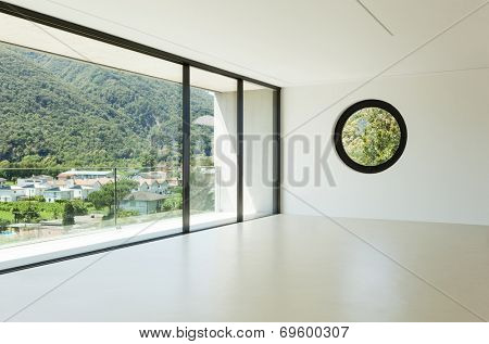 House, interior, modern architecture, wide room, view from window
