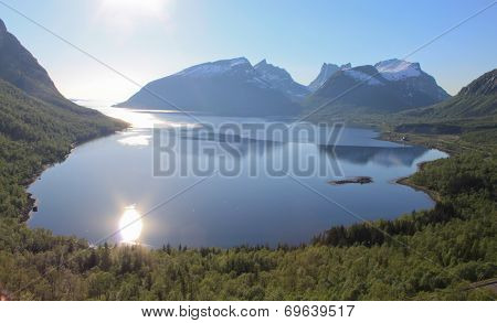 Summer Senja coast in Northern Norway, bird-eye view
