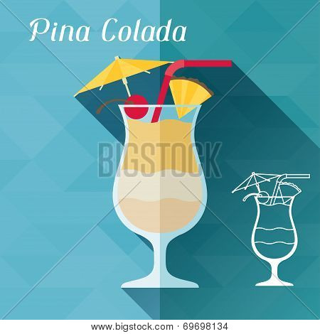 Illustration with glass of pina colada in flat design style.