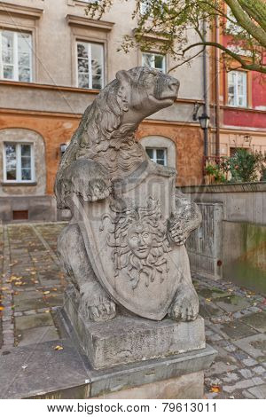Sculpture Of A Bear With A Shield. Warsaw, Poland