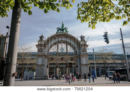 Lucerne, Switzerland - April 20, 2014: Main Entrance To Luzern Railway Station In Lucerne On April 2