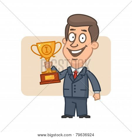 Character businessman holding cup and smiling