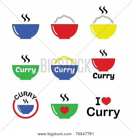 Curry, Indian spicy food icons set