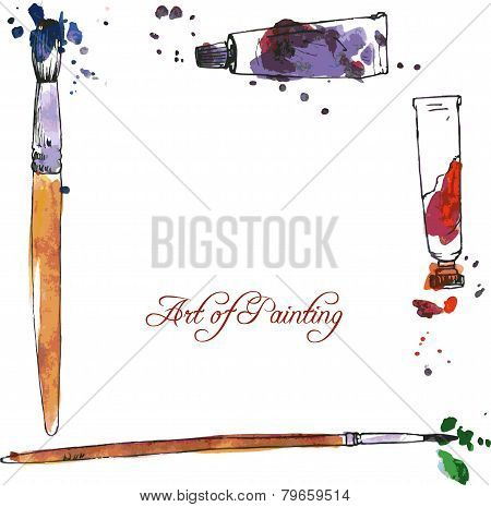 art background with tubes and  brushes