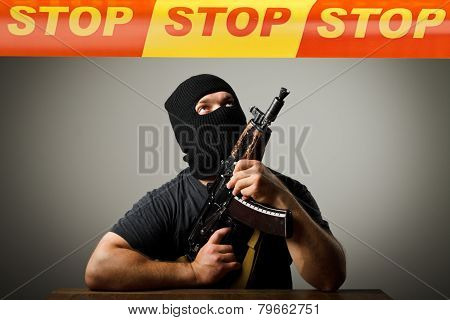 Man With Gun And Stop Line.
