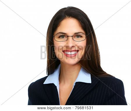 Young business woman with eyeglasses isolated white background.