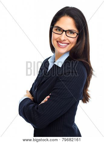Young business woman with eyeglasses isolated white background.