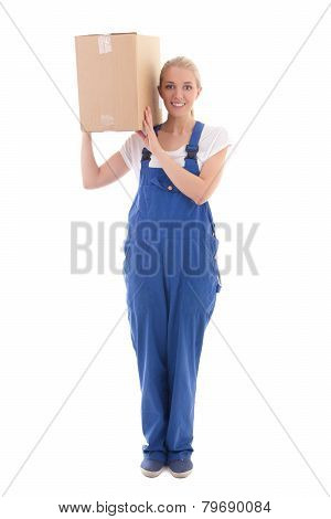 Delivery Concept -  Woman In Blue Workwear With Cardboard Box On Shoulder Isolated On White