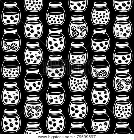 Black and White seamless pattern with the fruit jam jars.