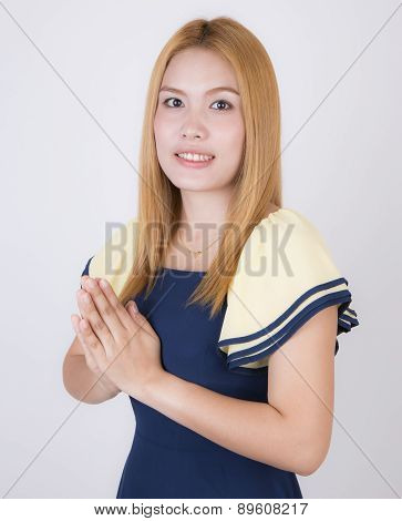 Woman Greeting With Thai Culture Sawasdee