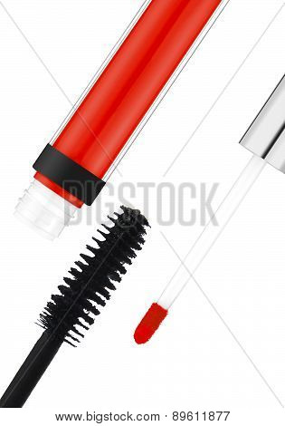Black Mascara And Red Lipgloss Isolated On White