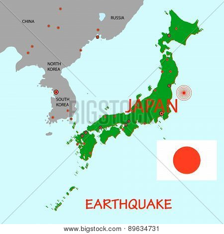 Japan map with epicenter of strong earthquake