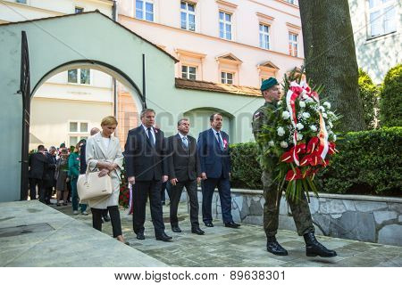 KRAKOW, POLAND - MAY 3, 2015: Officials at ceremony of laying flowers to the monument to Hugo Kollataj during annual Polish national and public holiday the May 3rd Constitution Day (of May 3, 1791)