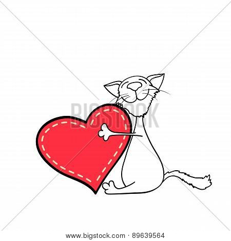 Happy Kitten Hugging A Heart