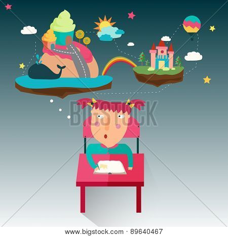 A Girl Is Writing A Fantasy Novel While Her Imagination Flow, Create By Vector