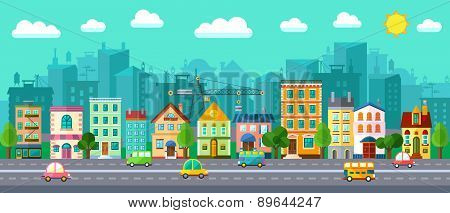 City Street In A Flat Design And Set Of Urban Buildings