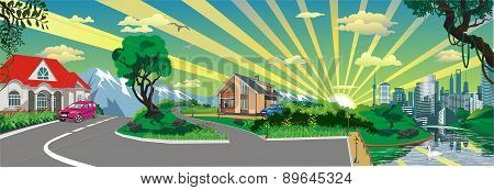 Skyline - Panorama, Country Village At The Pond [