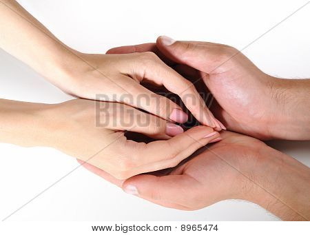 Woman And Man Hands Togather Isolated On White Background