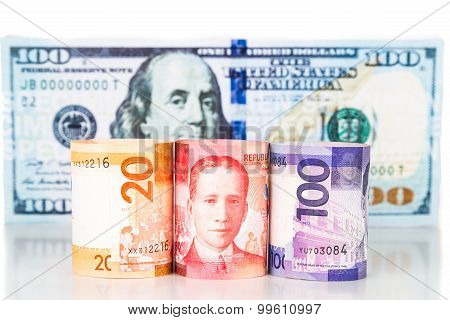 Close Up Of Philippines Piso Currency Note Against Us Dollar