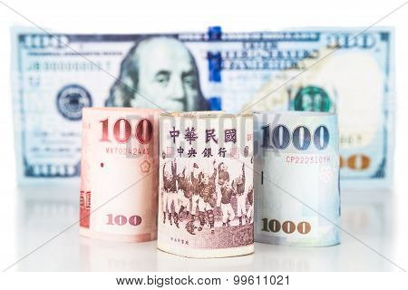 Close Up Of New Taiwan Currency Note Against Us Dollar