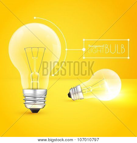 Two light bulbs: standing and lying one on yellow background. On, off modes. Vector illustration for