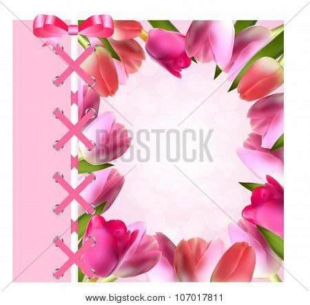Vintage Frame with Bow, Ribbon and Tulip Folwers  Background. Ve