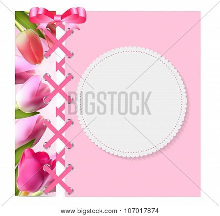 Vintage Frame with Bow, Ribbon and Tulip Folwers  Background. Ve