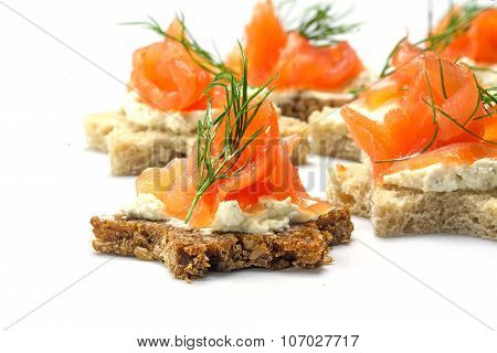 Canapes In Star Shape With Salmon For Christmas Or New Year, On White