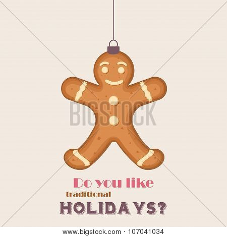 Merry Christmas Vintage Retro Typography Lettering Design Greeting Card with toy candy cookie, Ginge