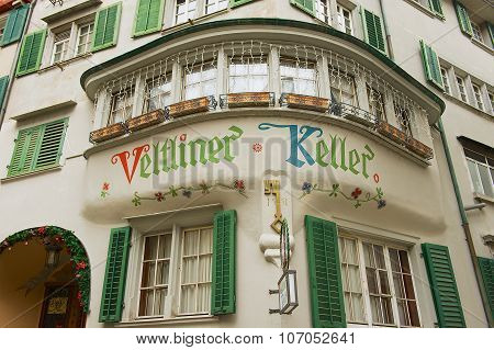 Exterior detail of the historical building in downtown Zurich, Switzerland.