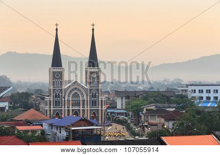 Chanthaburi province, Thailand - March 22 : Catholic Church during sunrise at  on March 22, 2015 in