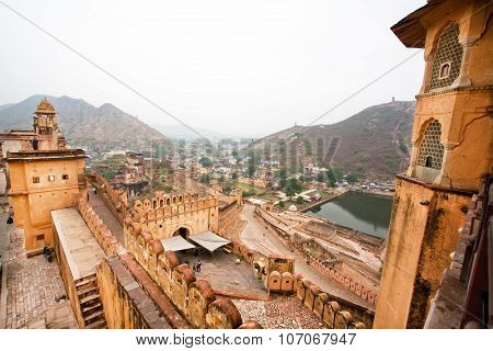 Fantastic scene from the stone walls of the indian Amber Fort in Rajasthan