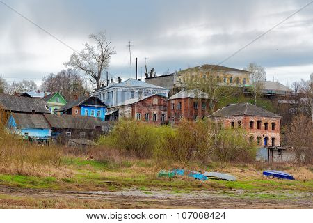 Old Houses On The Banks Of The Volga River In The Town Gorodets