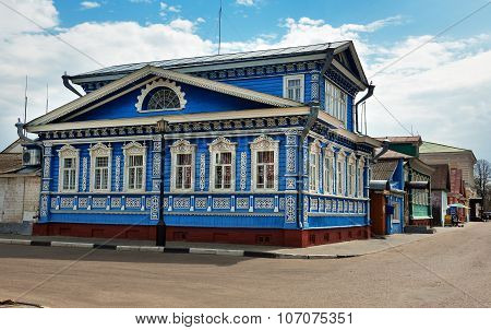The Museum Of Of Samovars, Old Blue Wooden House With Carved Patterns