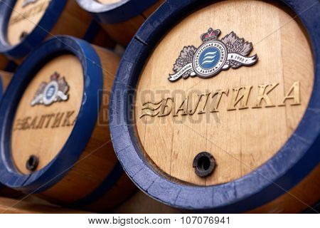 ST. PETERSBURG, RUSSIA - OCTOBER 24, 2015: Beer barrels at the Baltika - St Petersburg brewery during the October Beer Festival. The brewery is providing guided tours to the plant regularly