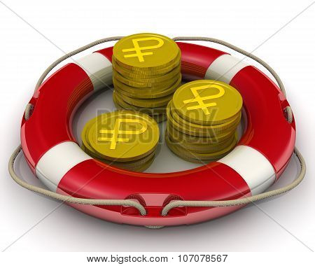 The concept of salvation financial savings. Coins with the symbol of the Russian ruble